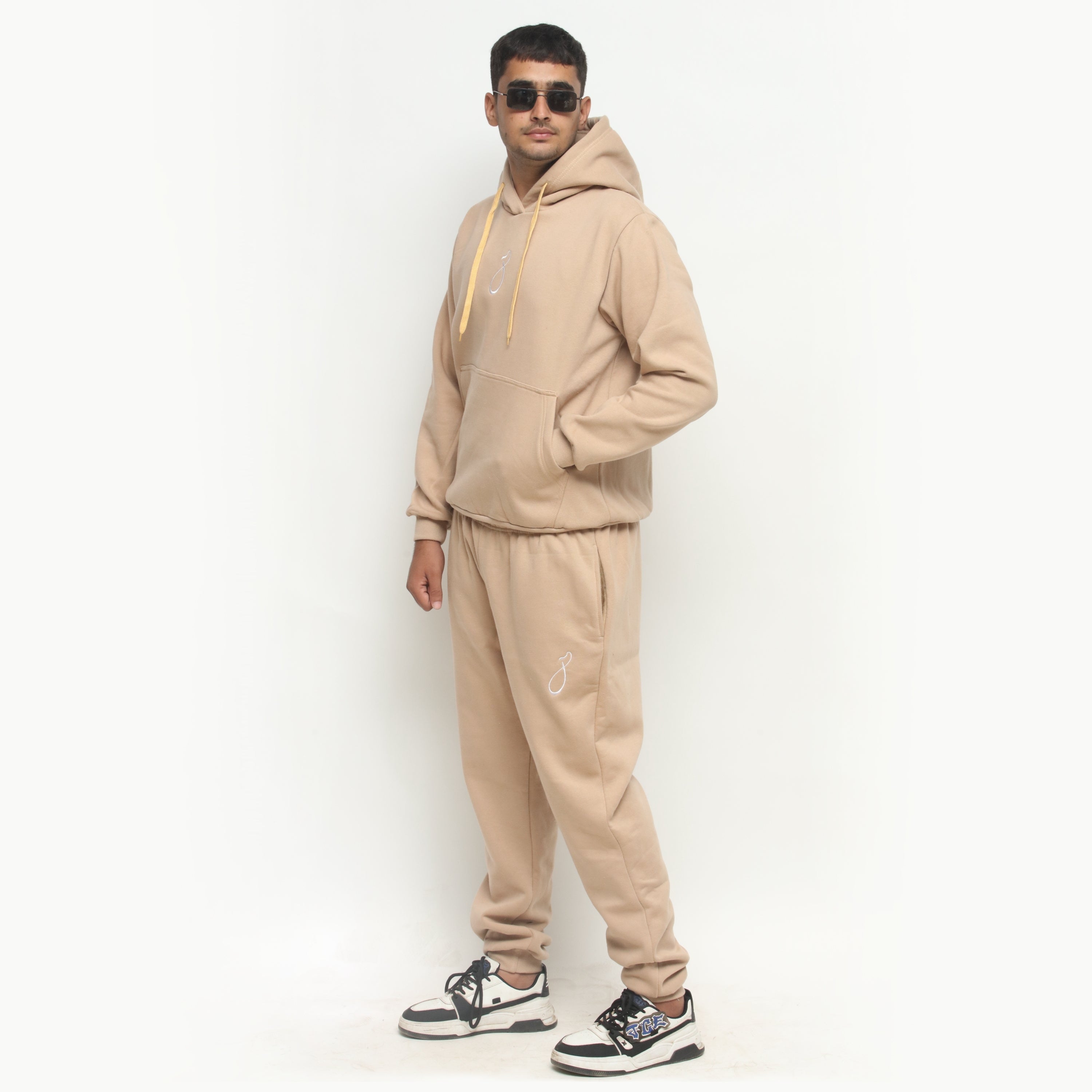 Embroidered Beige Hooded Tracksuit