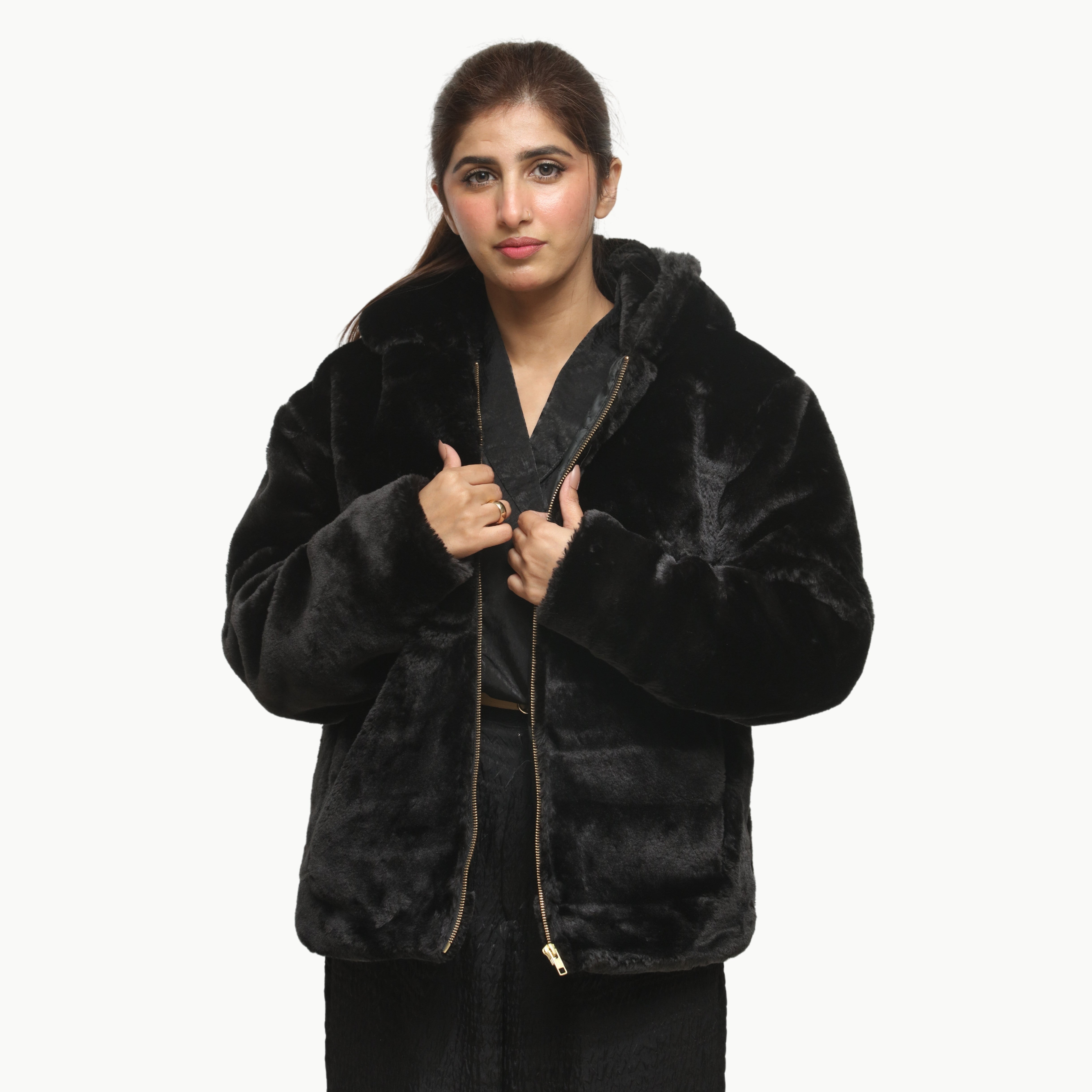 Women Black Mohair Fur Jacket