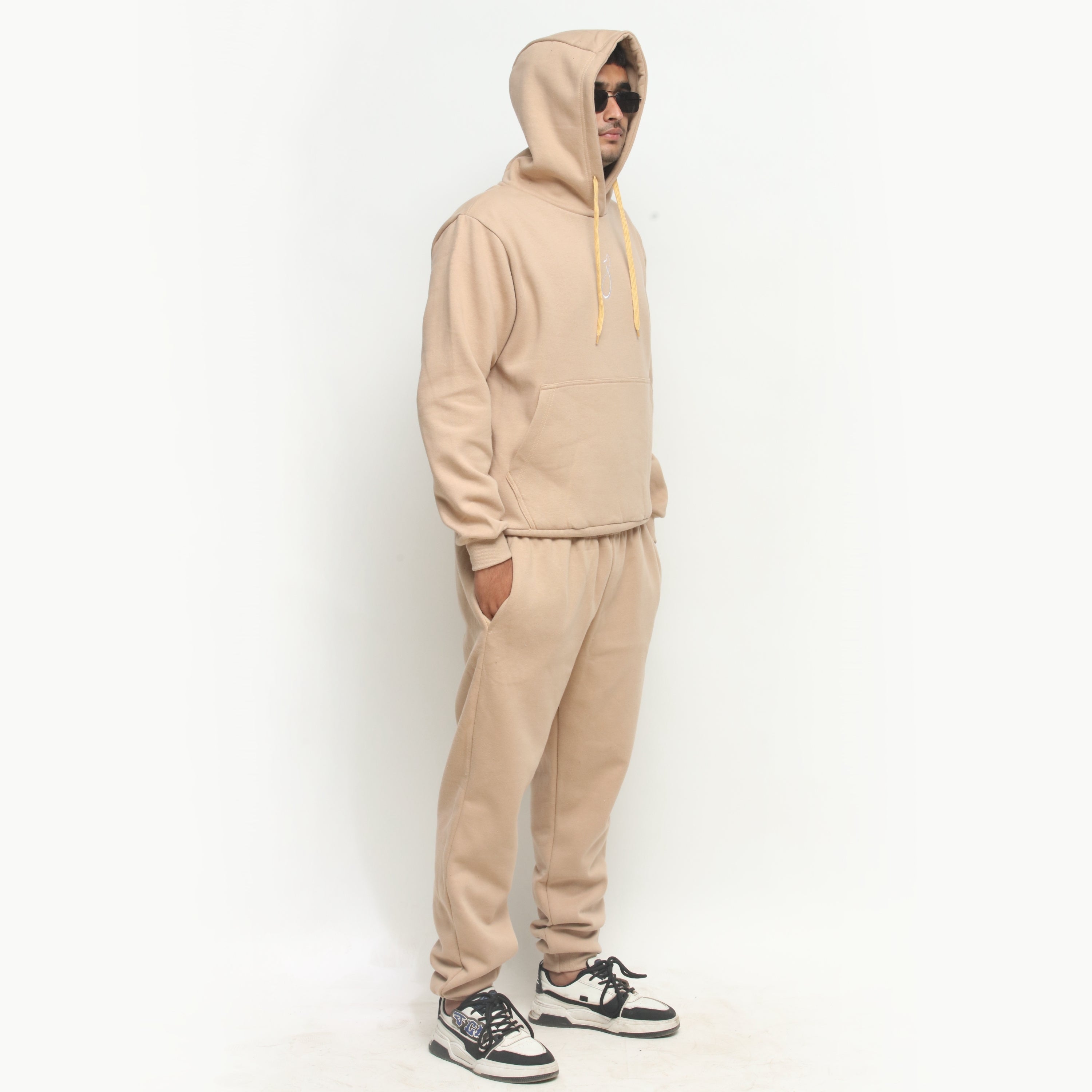 Embroidered Beige Hooded Tracksuit