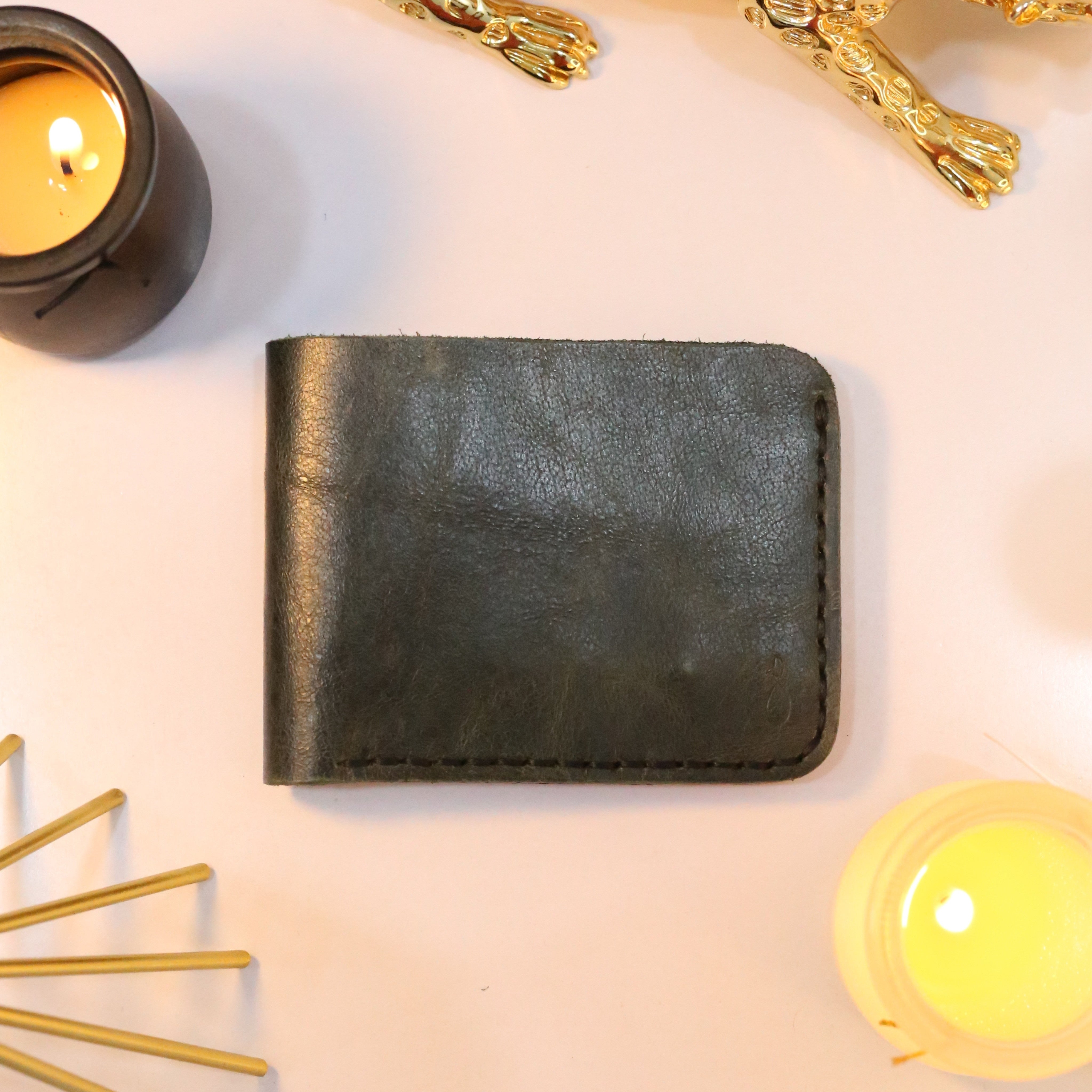 W2 Bi-Fold Handmade Leather Wallet Stone Green