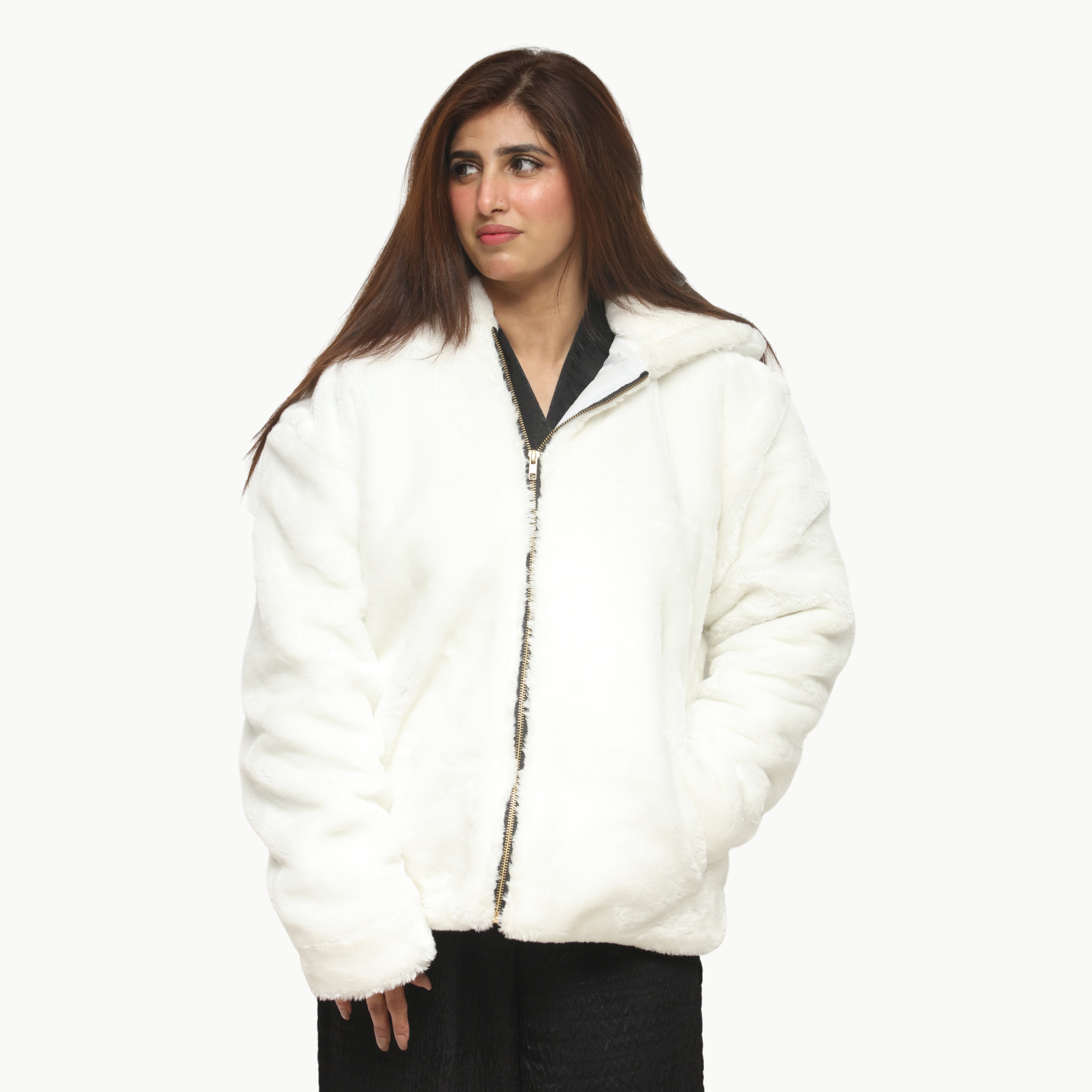 Women White Mohair Fur Jacket