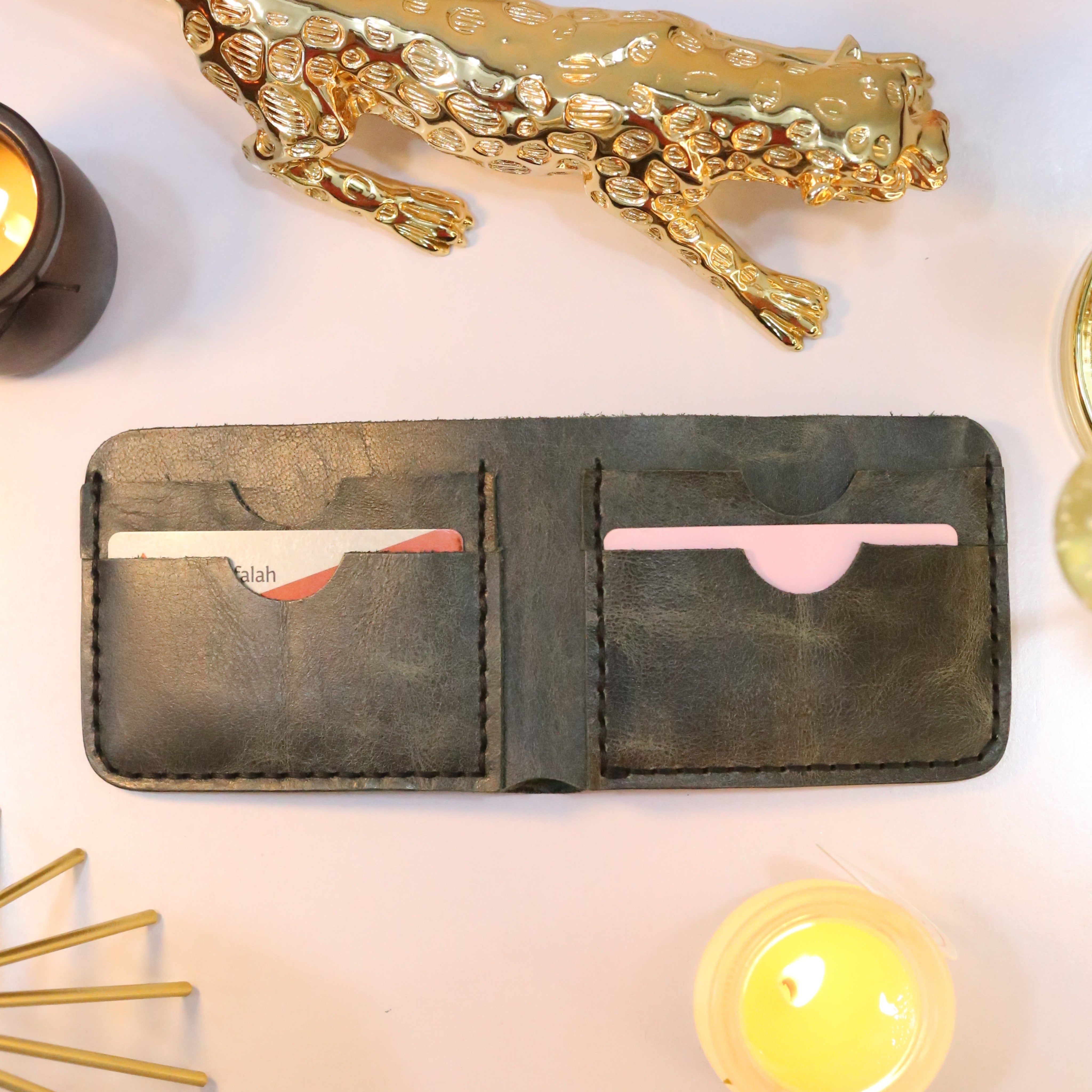 W2 Bi-Fold Handmade Leather Wallet Stone Green