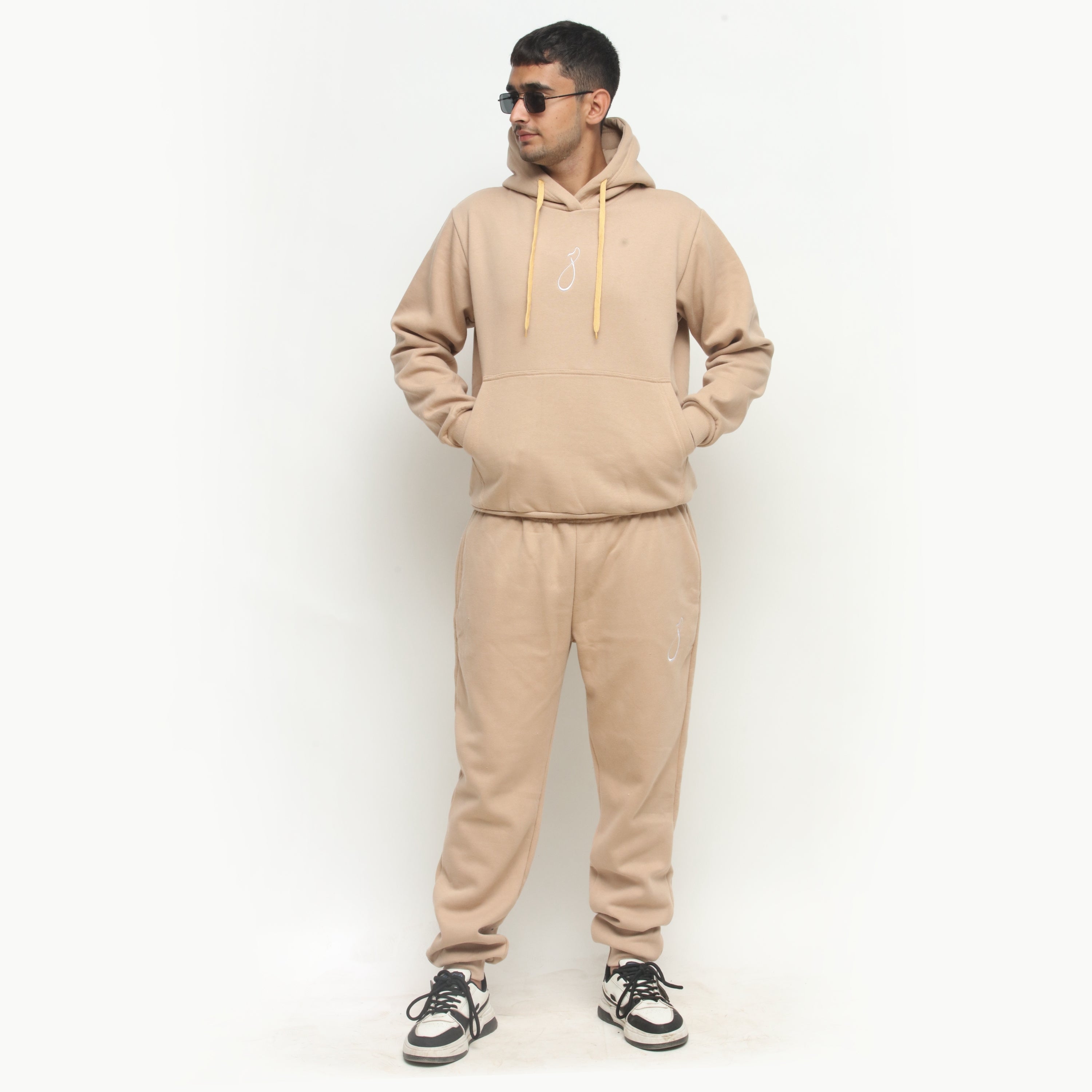 Embroidered Beige Hooded Tracksuit