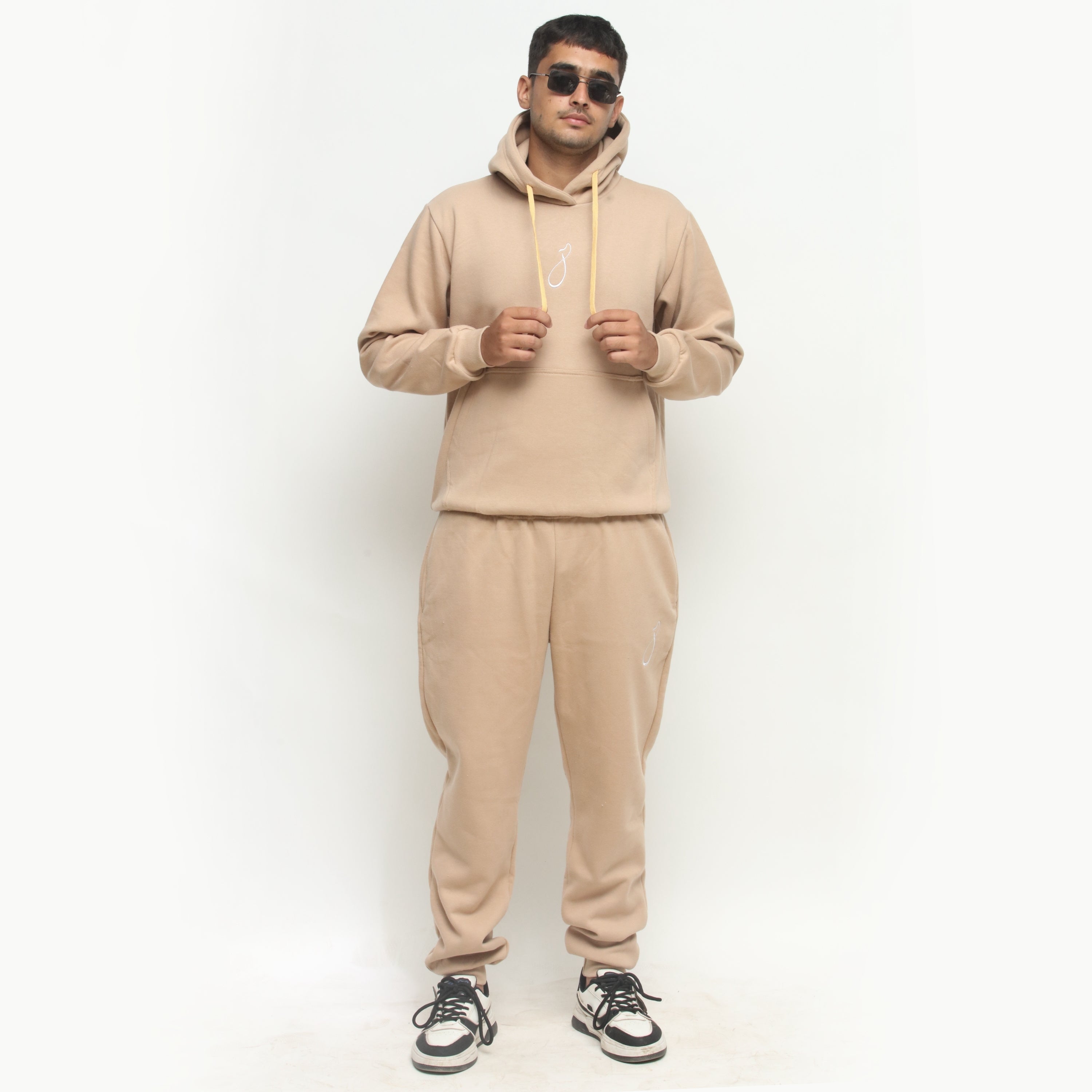 Embroidered Beige Hooded Tracksuit