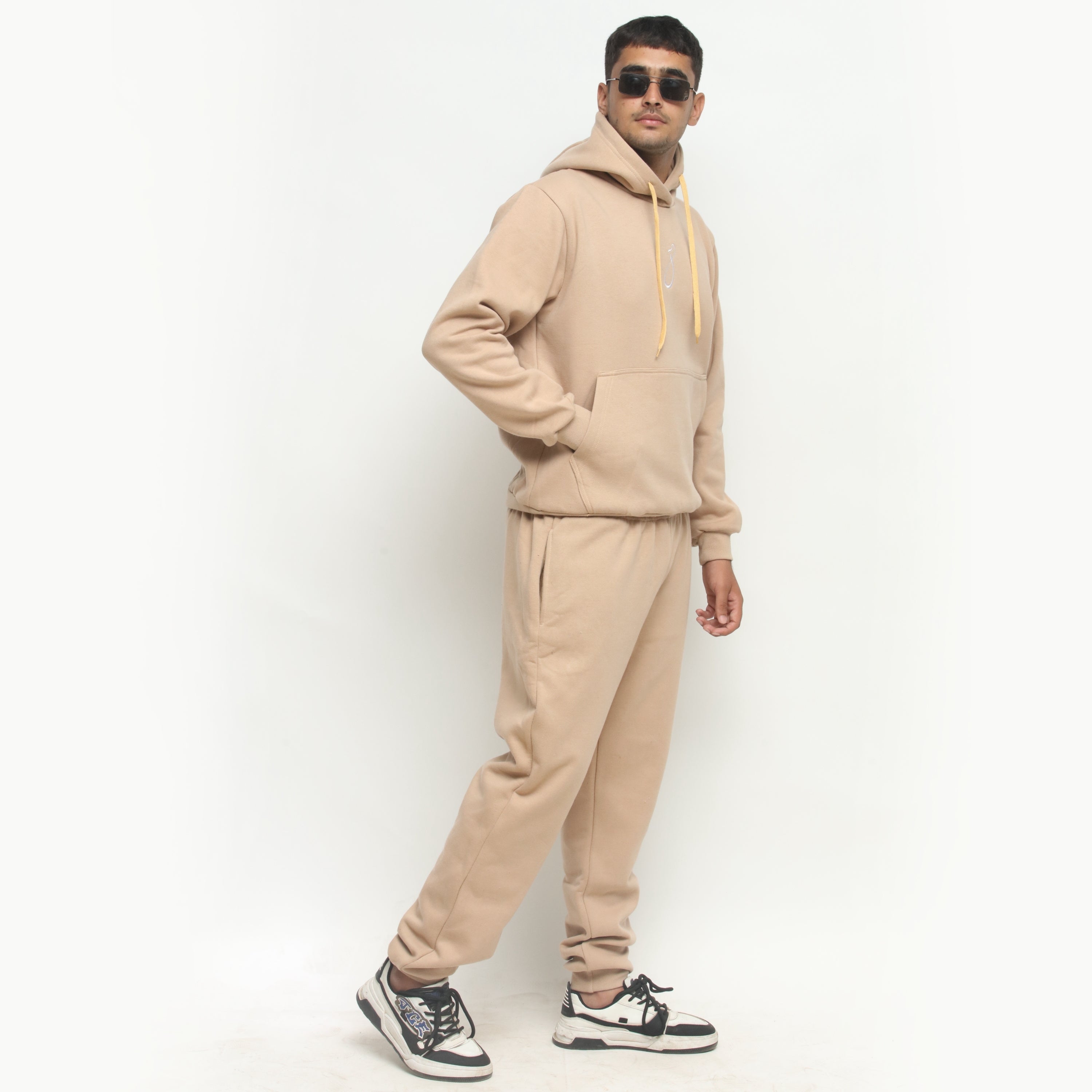 Embroidered Beige Hooded Tracksuit