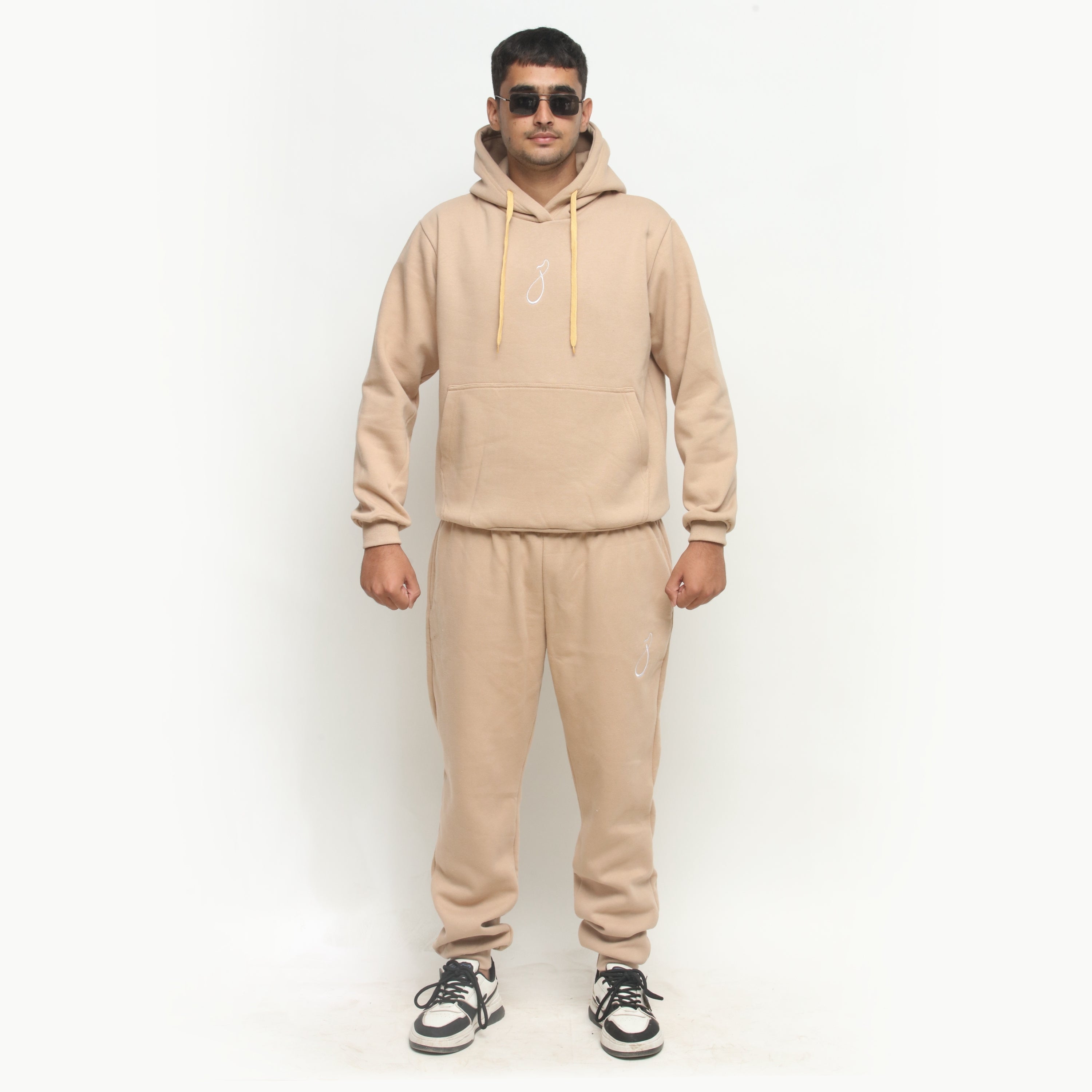 Embroidered Beige Hooded Tracksuit